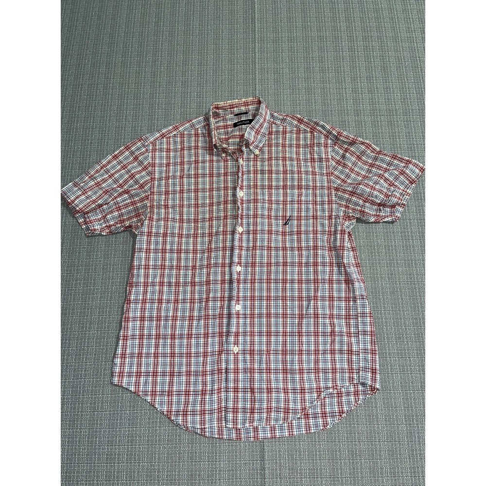 Nautica Shirt Mens Medium Multicolor Tartan Plaid Cotton Pleated Button Down